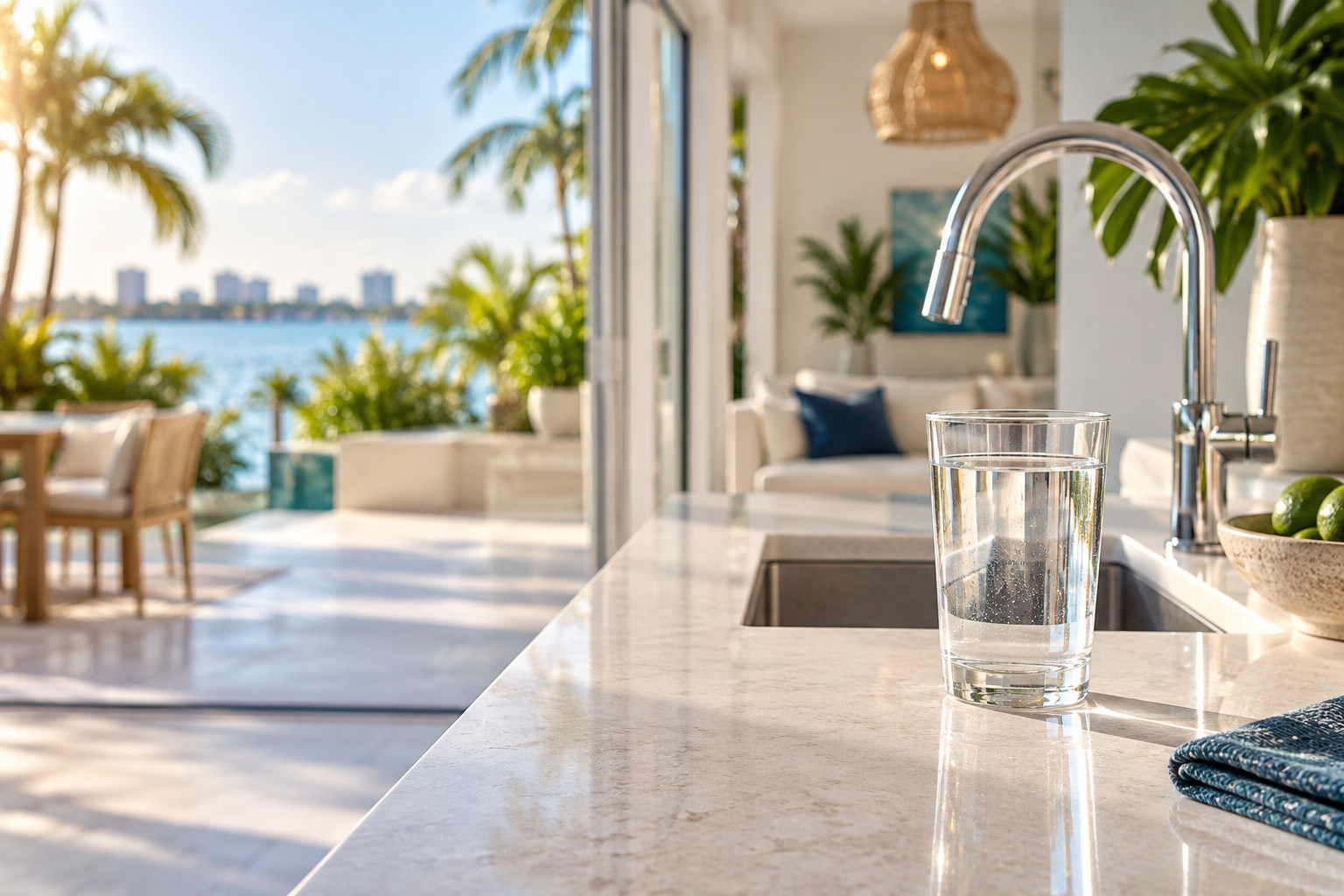 A clear glass of water in a sunlit Florida kitchen